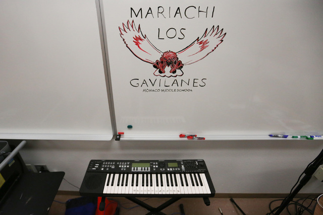 A dry-erase board in the march band room of Monaco Middle School sports a drawing of the school mascot in Las Vegas on Thursday, May 26, 2016. (Brett Le Blanc/Las Vegas Review-Journal) Follow @ble ...
