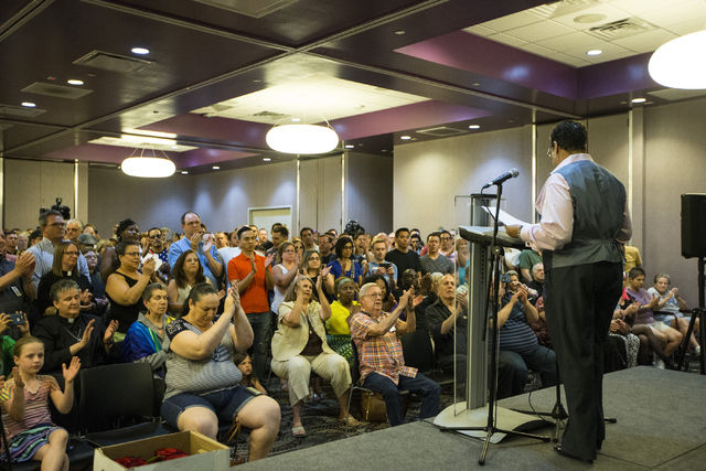 State Sen. Pat Spearman, D-North Las Vegas, speaks during a candle light vigil honoring victims of the Orlando mass shooting at the The Gay and Lesbian Community Center of Southern Nevada on Sunda ...