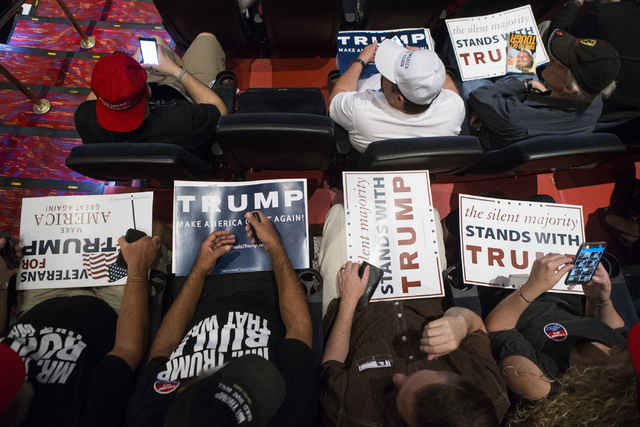 Supporters wait during a campaign rally for Republican presidential candidate Donald Trump at the Treasure Island hotel-casino on Saturday, June 18, 2016, in Las Vegas. Erik Verduzco/Las Vegas Rev ...
