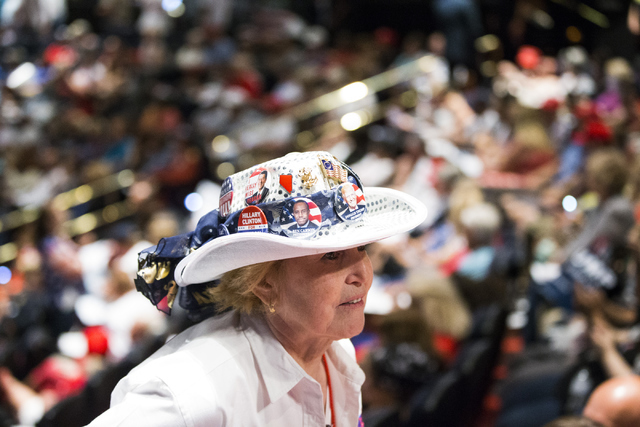Gwen Barrett, president for Active Republican Women of Las Vegas, attends a campaign rally for Republican presidential candidate Donald Trump at the Treasure Island hotel-casino on Saturday, June  ...