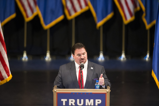 Nevada Republican Party Chairman Michael McDonald speaks during a campaign rally for Republican presidential candidate Donald Trump at the Treasure Island hotel-casino on Saturday, June 18, 2016,  ...