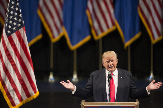 Republican presidential candidate Donald Trump speaks during a campaign rally at the Treasure Island hotel-casino on Saturday, June 18, 2016, in Las Vegas. Erik Verduzco/Las Vegas Review-Journal F ...