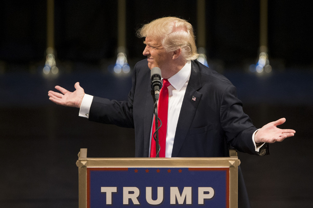 Republican presidential candidate Donald Trump speaks during a campaign rally at the Treasure Island hotel-casino on Saturday, June 18, 2016, in Las Vegas. (Erik Verduzco/Las Vegas Review-Journal  ...