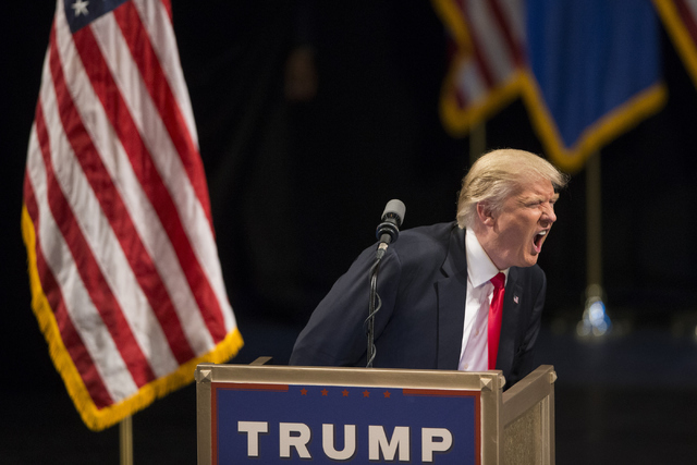 Republican presidential candidate Donald Trump speaks during a campaign rally at the Treasure Island hotel-casino on Saturday, June 18, 2016, in Las Vegas. (Erik Verduzco/Las Vegas Review-Journal  ...
