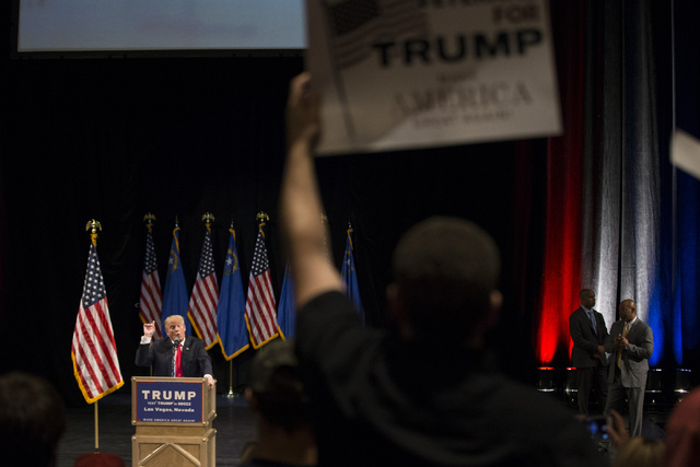 Republican presidential candidate Donald Trump speaks during a campaign rally at the Treasure Island hotel-casino on Saturday, June 18, 2016, in Las Vegas. Erik Verduzco/Las Vegas Review-Journal F ...
