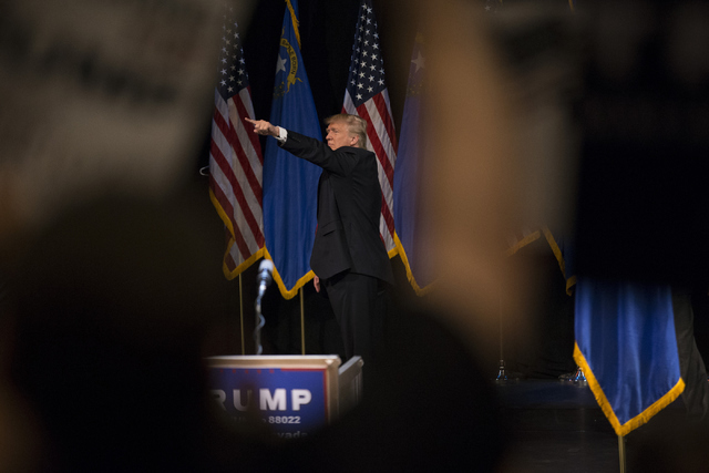 Republican presidential candidate Donald Trump gestures to supporters during a campaign rally at the Treasure Island hotel-casino on Saturday, June 18, 2016, in Las Vegas. Erik Verduzco/Las Vegas  ...