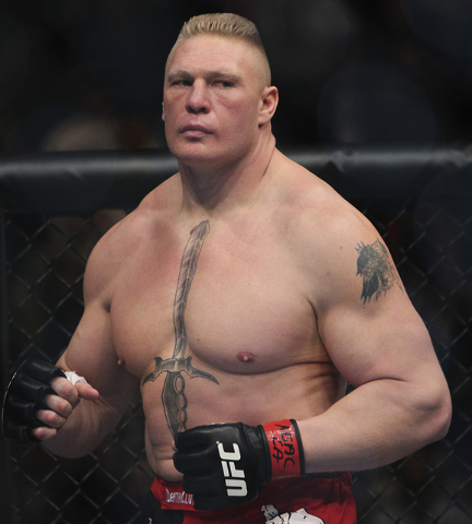 Brock Lesnar stares down Alistair Overeem before their fight in the UFC 141 main event at the MGM Grand Garden Arena in Las Vegas on Dec. 30, 2011. (Jason Bean/Las Vegas Review-Journal)