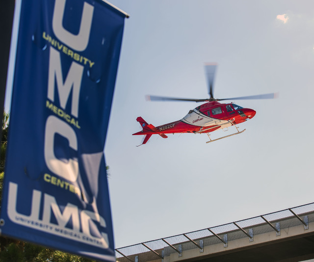 A medical helicopter prepares to land at UMC Trauma Center on Friday, May 27, 2016. Jeff Scheid/Las Vegas Review-Journal Follow @jlscheid