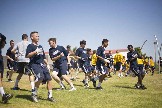 The Foothill High School football team runs drills during practice at Foothill High School in Henderson on Monday, June 20, 2016. Daniel Clark/Las Vegas Review-Journal Follow @DanJClarkPhoto
