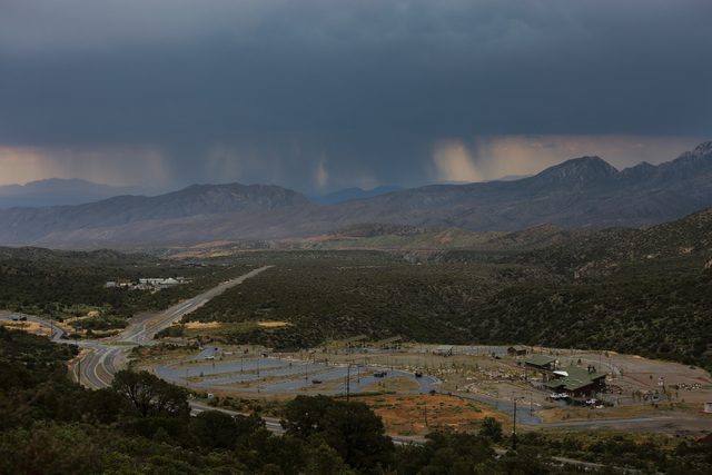Seen from Mount Charleston, rain falls in the Las Vegas Valley on Thursday, June 30, 2016. (Brett Le Blanc/Las Vegas Review-Journal Follow @bleblancphoto)