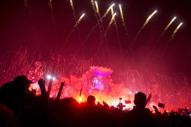 The crowd reacts to pyrotechnics during artist Alison Wonderland's set at kineticFIELD on the third night of Electric Daisy Carnival at Las Vegas Motor Speedway on Sunday, June 19, 2016. (Bridget  ...
