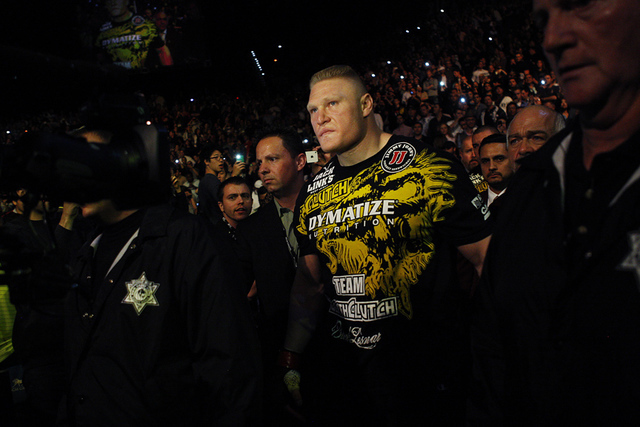 Brock Lesnar heads towards the octagon to take on Alistair Overeem during UFC 141 in the MGM Grand Garden Arena in Las Vegas on Dec. 30, 2011. (Jason Bean/Las Vegas Review-Journal)