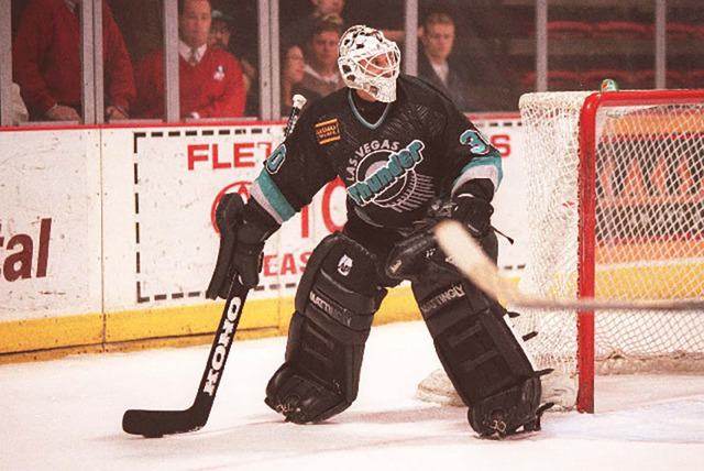 Clint Malarchuk is shown in 1996 playing goalie for the Las Vegas Thunder of the International Hockey League. Malarchuk, the subject of a new mini-documentary on ESPN.com, played four seasons for  ...