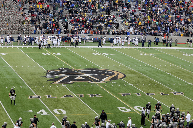 The logo on the field for the Army Black Knights during a college football game on Saturday, Oct. 11, 2014 in  West Point, N.Y. Rice won 41-21. (AP Photo/Gregory Payan)
