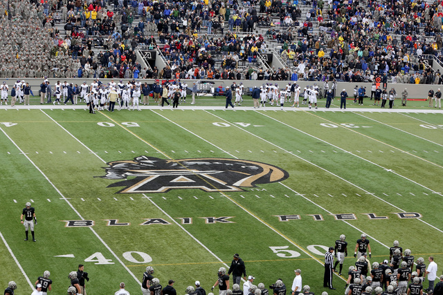 The logo on the field for the Army Black Knights during a college football game on Saturday, Oct. 11, 2014 in West Point, N.Y. Rice won 41-21. (AP Photo/Gregory Payan)
