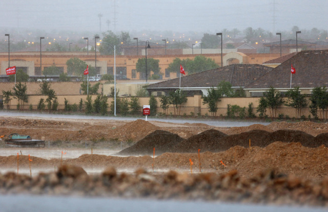 Rain and hail pound down upon a construction area near homes close to Oquendo and Fort Apache roads in southwest Las Vegas, Thursday, June 30, 2016. (Ronda Churchill/Las Vegas Review-Journal)