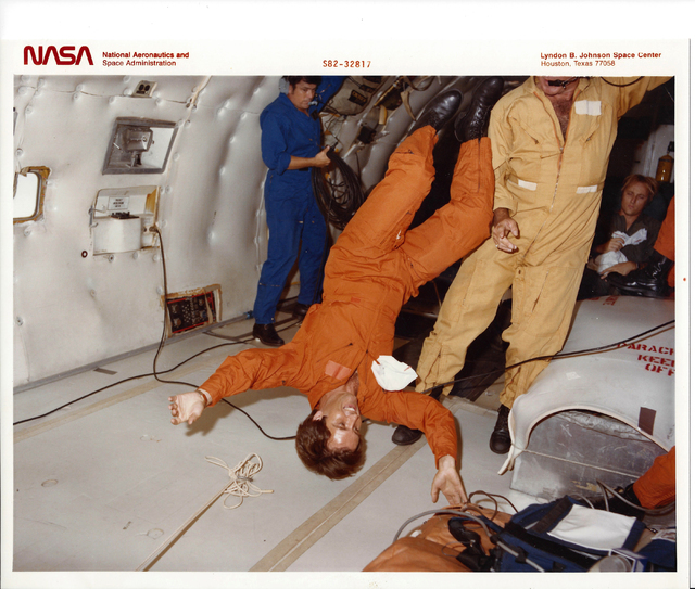 As a journalist covering NASA in the 1990s, John Getter (upside down) experienced weightlessness aboard a craft called the "Vomit Comet" without becoming ill. NASA Photo