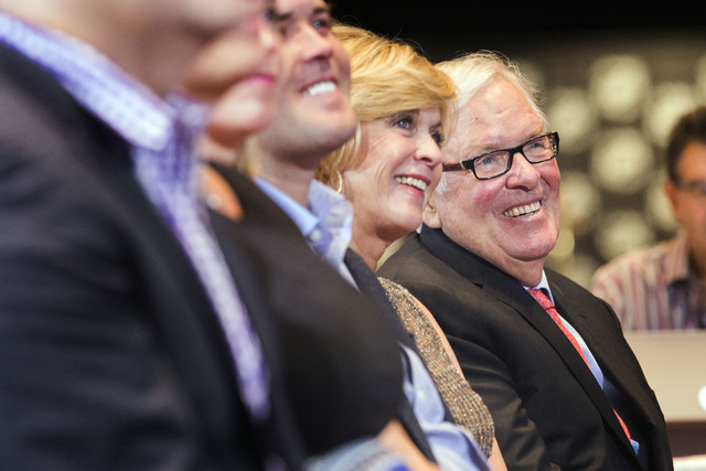 Bill Foley, right, Las Vegas billionaire businessman and owner of the new National Hockey League expansion team, and his wife Carol smile during a news conference at Encore Las Vegas on Wednesday, ...