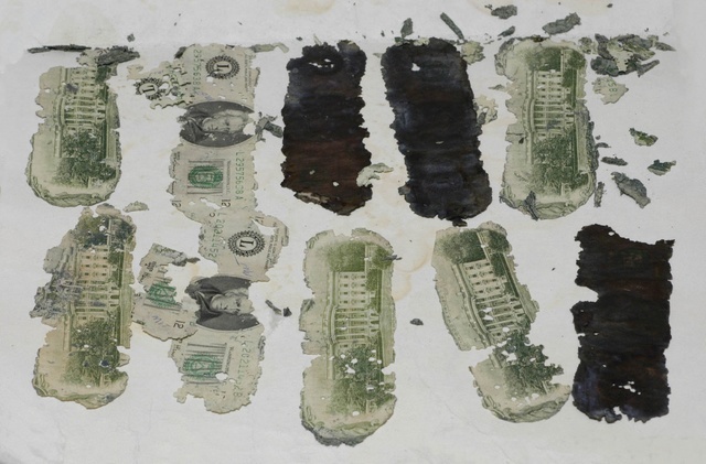 Some of the stolen $20 bills taken by a hijacker calling himself D.B Cooper and found in Oregon by a young boy in 1980 are displayed in an undated FBI picture.    FBI/Handout via Reuters