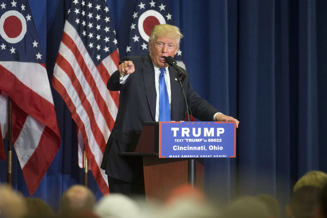 Republican presidential candidate Donald Trump speaks during a campaign rally at the Sharonville Convention Center, Wednesday, July 6, 2016, in Cincinnati. Trump has been criticized for his stand ...