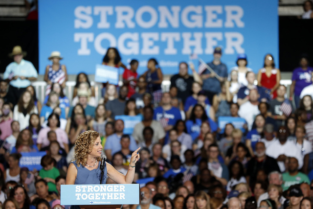 DNC chairwoman, Rep. Debbie Wasserman Schultz speaks during a campaign event for Democratic presidential candidate Hillary Clinton at the Florida State Fairgrounds Entertainment Hall, Friday, July ...