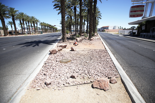 The site where the "Welcome to Downtown Las Vegas" sign once was is seen Sunday, July 17, 2016, at the cross street of 4th and Las Vegas Boulevard in Las Vegas. (Rachel Aston/Las Vegas Review-Jour ...