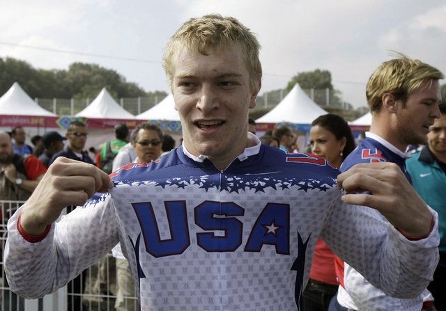 Connor Fields of the United States celebrating after winning the gold medal for the men's BMX cycling event at the Pan American Games in Guadalajara, Mexico, Oct. 21, 2011. Fields was the top-rank ...
