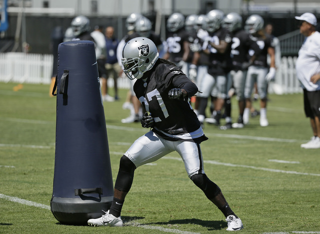 Oakland Raiders safety Reggie Nelson during practice at the NFL football team's training camp Friday, July 29, 2016, in Napa, Calif. (AP Photo/Eric Risberg)