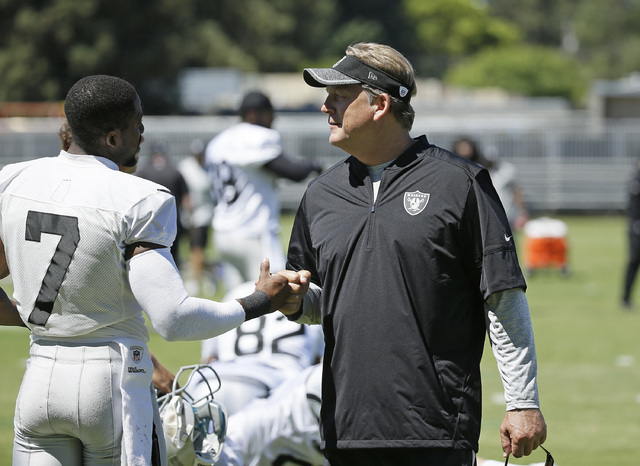 Oakland Raiders head coach Jack Del Rio, right, greets punter Marquette King during practice at the NFL football team's training camp Friday, July 29, 2016, in Napa, Calif. (AP Photo/Eric Risberg)