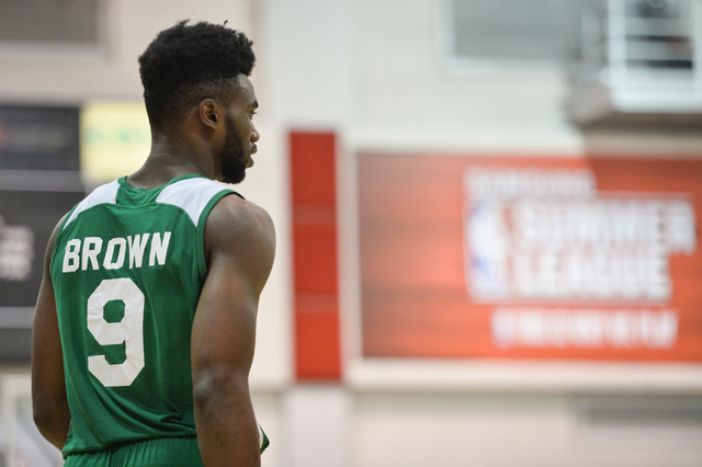 Jaylen Brown (9), of the Boston Celtics, walks the sideline during an NBA Summer League game against the Chicago Bulls at the Cox Pavilion in Las Vegas on Saturday, July 9, 2016. (Brett Le Blanc/L ...