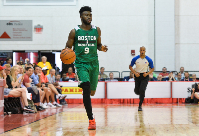 Jaylen Brown (9), of the Boston Celtics, dribbles the ball down the court during an NBA Summer League game against the Chicago Bulls at the Cox Pavilion in Las Vegas on Saturday, July 9, 2016. (Br ...