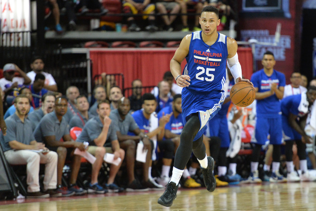 Philadelphia 76ers forward Ben Simmons (25) dribbles the ball down court during an NBA Summer League game against the Los Angeles Lakers at the Thomas & Mack Center in Las Vegas on Saturday, J ...
