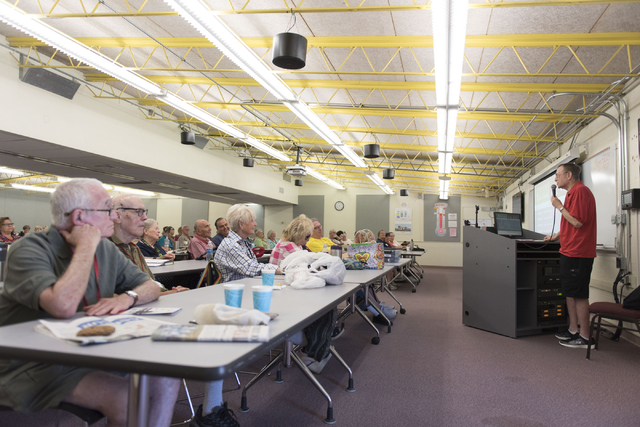 Howie Sussman, right, speaks to students during his Osher Lifelong Learning Institute class on Winston Churchill at UNLV's Educational Outreach Center in Las Vegas Wednesday, June 29, 2016. OLLI c ...