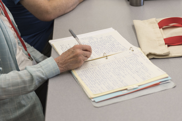 A student takes notes during Howie Sussman's  Osher Lifelong Learning Institute class on Winston Churchill at UNLV's Educational Outreach Center in Las Vegas Wednesday, June 29, 2016. OLLI classes ...