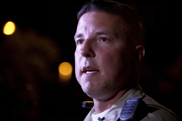 Sgt. Jeff Clark addresses the press at the Metro Northwest Area Command station in Las Vegas on Thursday, June 7, 2016, after the police shootings in Dallas. Metro is currently doubling up their p ...