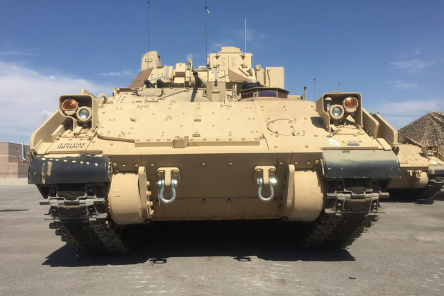 One of the Nevada Army National Guard's new Bradley Fighting Vehicles sits at the Clark County Armory lot, Thursday, July 28, 2016. (Keith Rogers/Las Vegas Review-Journal)
