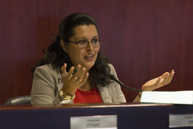 Assemblywoman Olivia Diaz speaks during a legislative committee meeting to discuss reorganization plans for the Clark County School District at the Sawyer Building in Las Vegas Friday, July 1, 201 ...
