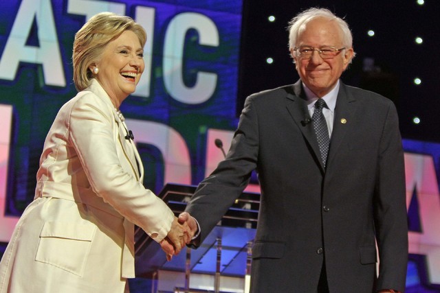 Democratic presidential hopefuls Hillary Clinton and Bernie Sanders during the Democratic presidential candidate debate at Brooklyn Navy Yard in New York, April 14, 2016. (Carucha L. Meuse/The Jou ...