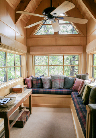 Elke Cote/Real Estate Millions
Architect Ted Rexing designed Dr. Jean McCuske cabin to provide her with reading areas like this one.