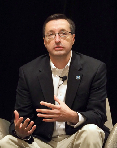 Panelist Michael Kaczmarek discusses cyber security details with business owners at a breakfast meeting sponsored by the Las Vegas Metro Chamber of Commerce in Las Vegas, Friday, July 29, 2016. J ...
