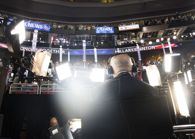 A CBS news affiliate prepares to go live during the final day of the Democratic National Convention at the Wells Fargo Center on Thursday, July 28, 2016, in Philadelphia. Benjamin Hager/Las Vegas  ...