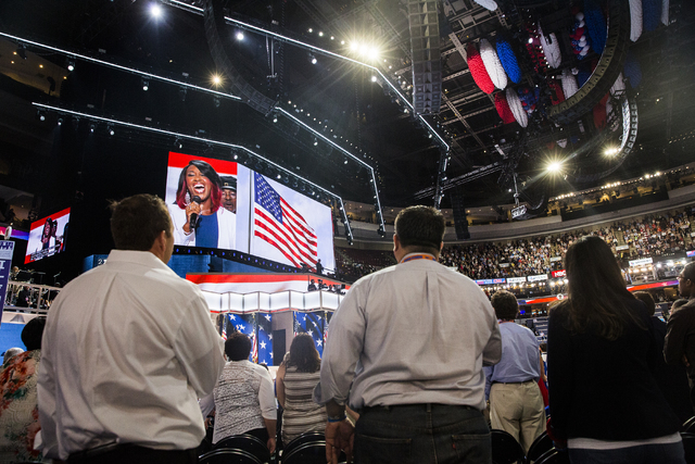 Attendees listen to the National Anthem during the final day of the Democratic National Convention at the Wells Fargo Center on Thursday, July 28, 2016, in Philadelphia. Benjamin Hager/Las Vegas R ...