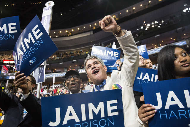 Ed Greenleaf cheers for South Carolina Democrat Jamie Harrison during the final day of the Democratic National Convention at the Wells Fargo Center on Thursday, July 28, 2016, in Philadelphia. Ben ...
