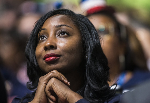 Jessica Holmes listens to a speaker during the final day of the Democratic National Convention at the Wells Fargo Center on Thursday, July 28, 2016, in Philadelphia. Benjamin Hager/Las Vegas Revie ...