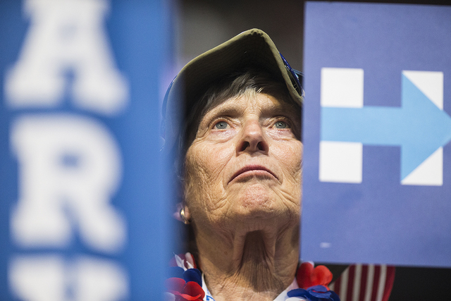 Kathleen Ensz listens to a speaker during the final day of the Democratic National Convention at the Wells Fargo Center on Thursday, July 28, 2016, in Philadelphia. Benjamin Hager/Las Vegas Review ...