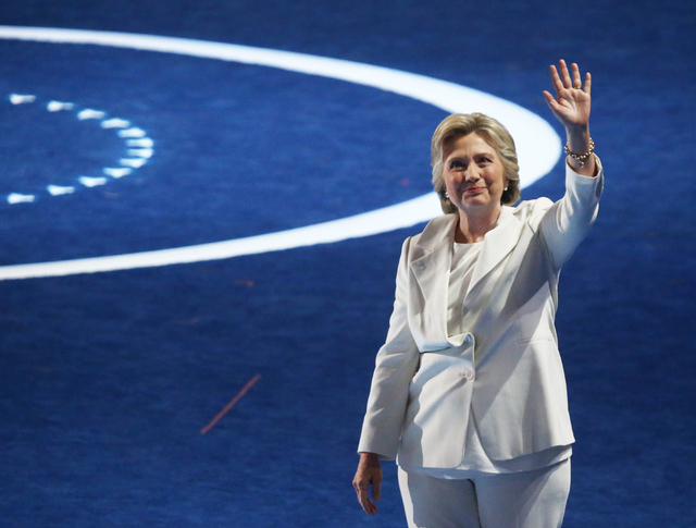 Democratic presidential nominee Hillary Clinton addresses waives to the crowd during the final day of the Democratic National Convention at the Wells Fargo Center on Thursday, July 28, 2016, in Ph ...