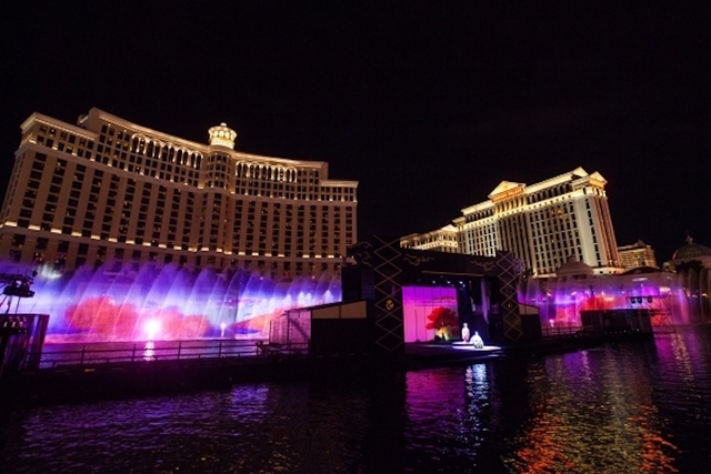 An adapted version of the kabuki classic "Koi Tsukami (Fight With a Carp)" is performed on a stage at the Bellagio fountains in Las Vegas on Friday, Aug. 14, 2015. (Chase Stevens/Las Vegas Review- ...