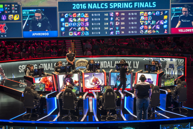 TSM battles against Counter Logic Gaming during the North America League of Legends Championship Series Spring Final at the Mandalay Bay Event Center in Las Vegas on Sunday, April 17, 2016. Counte ...