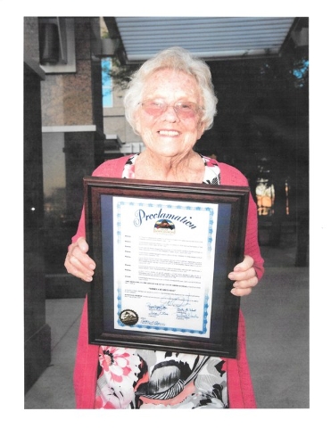 Lorena “Renee” Searles poses for a photo outside of North Las Vegas City Hall, 2250 N. Las Vegas Blvd., North, June 1. North Las Vegas Mayor John Lee honored her with a proclamation that decla ...