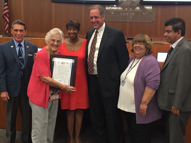 Lorena “Renee” Searles poses for a photo with city leaders inside North Las Vegas City Hall, 2250 N. Las Vegas Blvd., North, June 1. North Las Vegas Mayor John Lee honored her with a proclamat ...